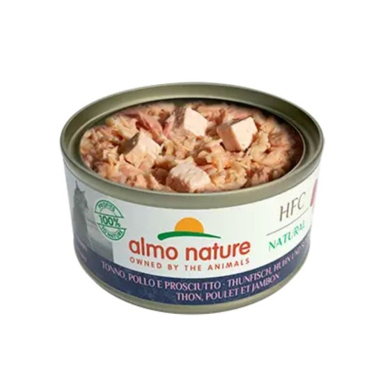 Almo Nature HFC Tuna, Chicken & Ham konservai katėms su tunu, vištiena ir kumpiu