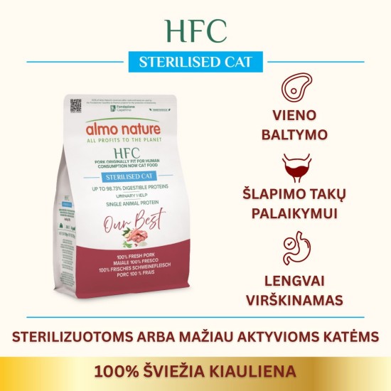 Almo Nature HFC Sterilised Cat Fresh Pork sausas pašaras katėms