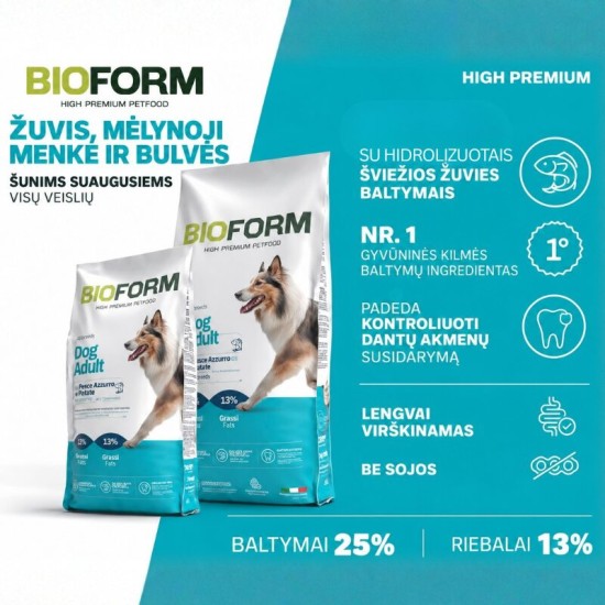 BIO FORM Premium Dog Adult Blue Fish & Potatoes CENNAMO sausas maistas šunims