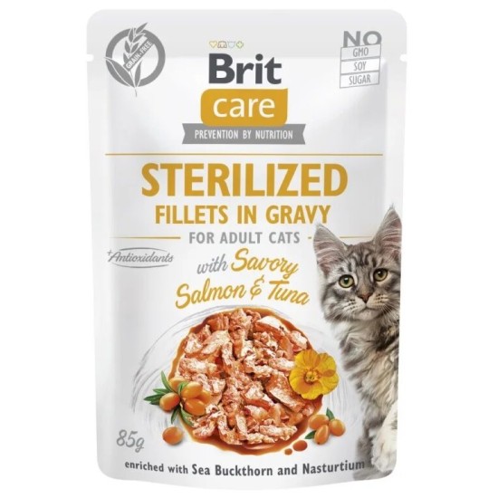 Brit Care Cat Sterilized Fillets in Gravy with Savory Salmon&Tuna konservai katėms