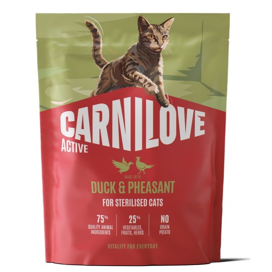 CARNILOVE ACTIVE Cat Duck & Pheasant Sterilised sausas pašaras katėms