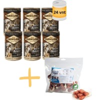 Komplektas Carnilove Venison & Reindeer konservai 24x400g + Juko skanėstas triušienos kojelė su kalcio kauliuku 500g