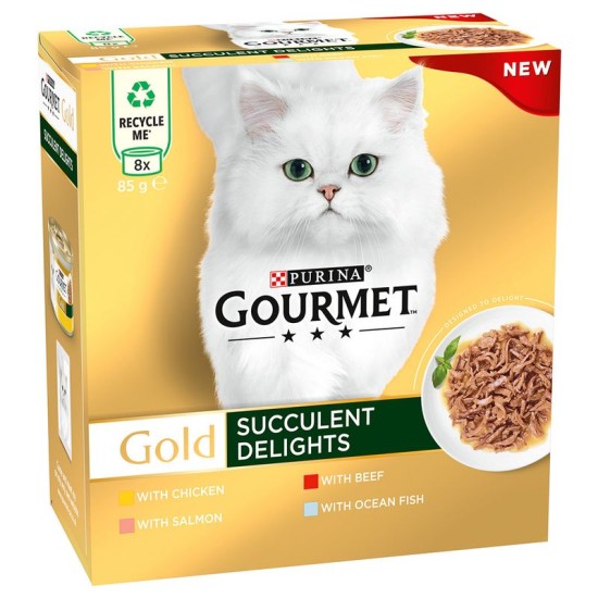 Gourmet Gold Succulent Delights 24x85g su vištiena/jautiena/lašiša/žuvimi Gourmet Gold Succulent Delights 24x85g su vištiena/jautiena/lašiša/žuvimi