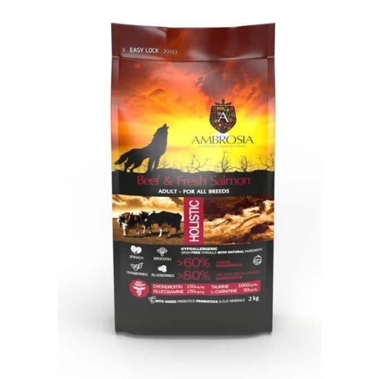 AMBROSIA GF Beef & Fresh Salmon Adult begrūdis jautienos ir šviežios lašišos sausas maistas šunims