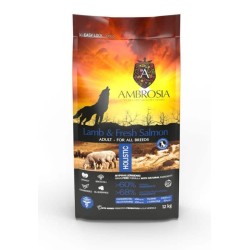 AMBROSIA GF Lamb & Fresh Salmon Adult begrūdis ėrienos ir šviežios lašišos sausas maistas šunims