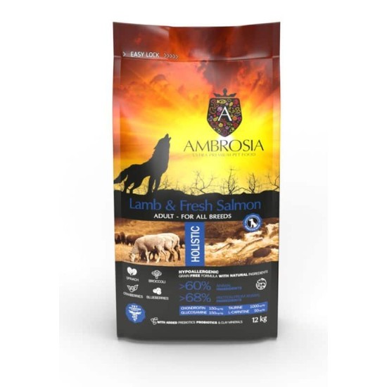 AMBROSIA GF Lamb & Fresh Salmon Adult begrūdis ėrienos ir šviežios lašišos sausas maistas šunims