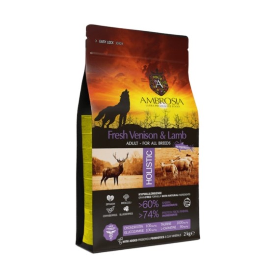 AMBROSIA GF Lamb & Fresh Venison Adult begrūdis ėrienos ir šviežios elnienos sausas maistas šunims