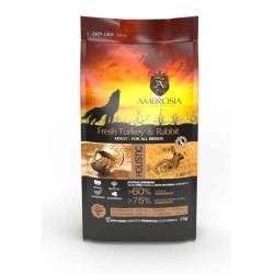 AMBROSIA GF Rabbit & Fresh Turkey Adult begrūdis triušienos ir kalakutienos sausas maistas šunims