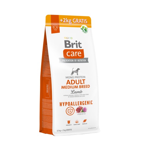 Brit Care Hypoallergenic Adult Medium Breed Lamb sausas maistas šunims su ėriena 12 + 2 kg