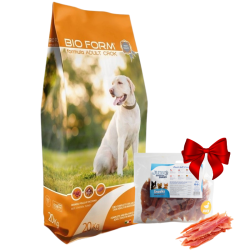 BIO FORM ADULT CROCK sausas maistas suaugusiems šunims su jautiena + Juko skanėstas džiovinta antienos mėsa 500g