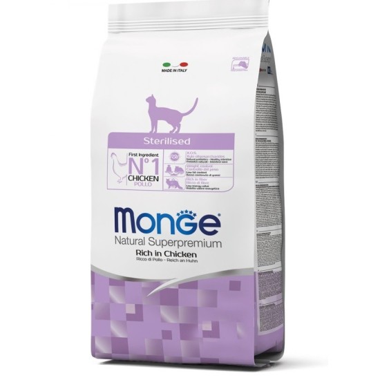 MONGE Sterilised Cat Rich in Chicken sausas pašaras katėms MONGE Sterilised Cat Rich in Chicken sausas pašaras katėms