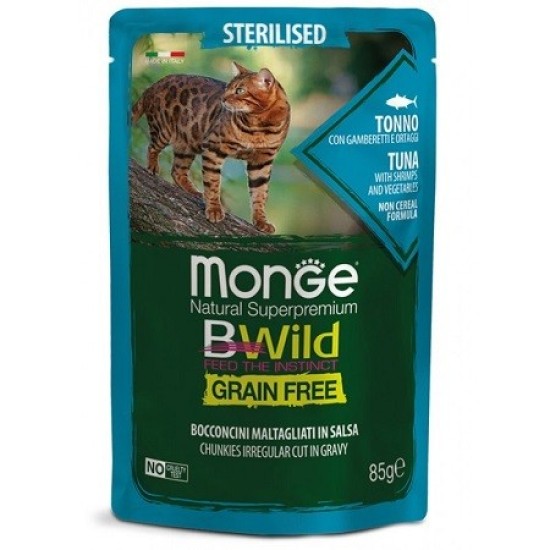 Monge BWild konservai sterilizuotoms katėms su tunu, krevetėmis ir daržovėmis padaže Monge BWild konservai sterilizuotoms katėms su tunu, krevetėmis ir daržovėmis padaže