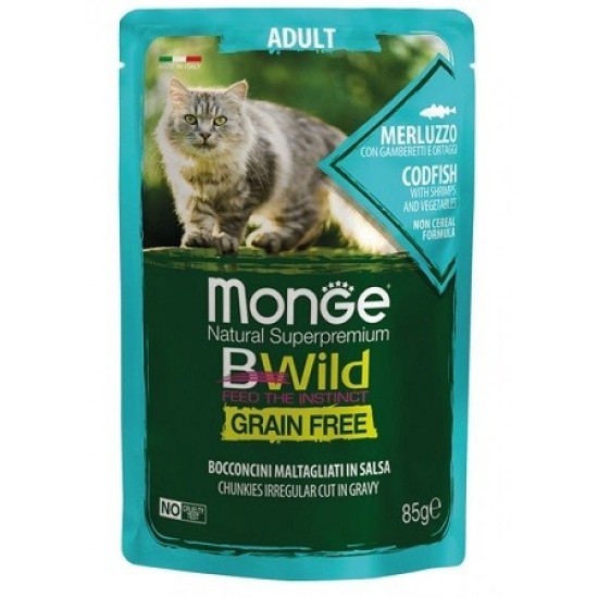 Monge BWild konservai katėms su menke, krevetėmis ir daržovėmis padaže