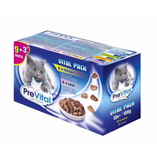 PreVital Cat vištiena veršiena ir lašiša maišelyje 100 g (12 pak.)
