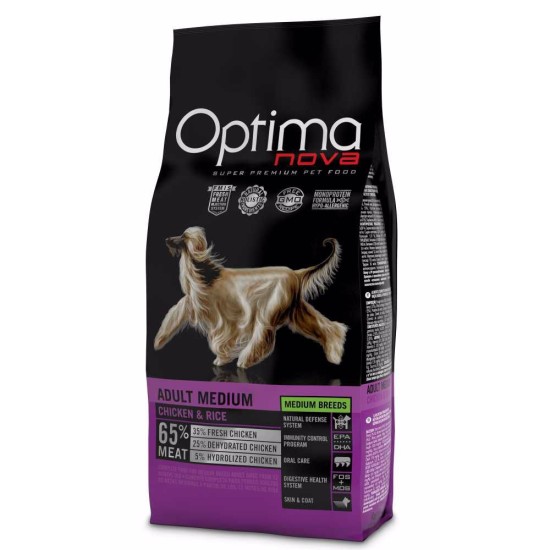 Sausas šunų maistas OPTIMAnova Dog Adult Medium Chicken & Rice su vištiena ir ryžiais, 12 kg