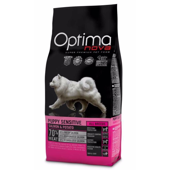 Sausas šunų maistas OPTIMAnova Dog Puppy Sensitive Salmon & Potato GF su lašiša ir bulvėmis, 2 kg