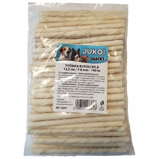 Skanėstas iš buivolo odos balta JUKO Užkandžiai12,5 cm, 7 - 8 mm (100 vnt)