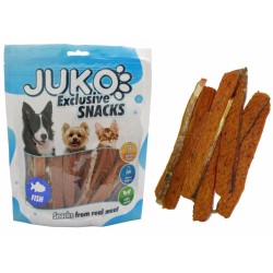 JUKO Užkandžiai Lašišos juostelės su žuvies odele 250 g JUKO Užkandžiai Lašišos juostelės su žuvies odele 250 g