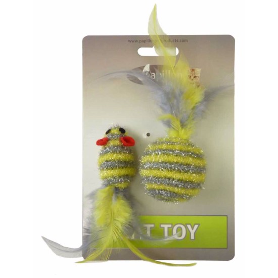 Pelė ir kamuolys su plunksnomis auksinėmis-sidabrinėmis juostelėmis blizgučiais