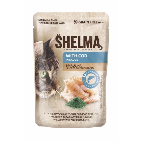 SHELMA katė menkė su spirulina padaže maišelyje 85 g
