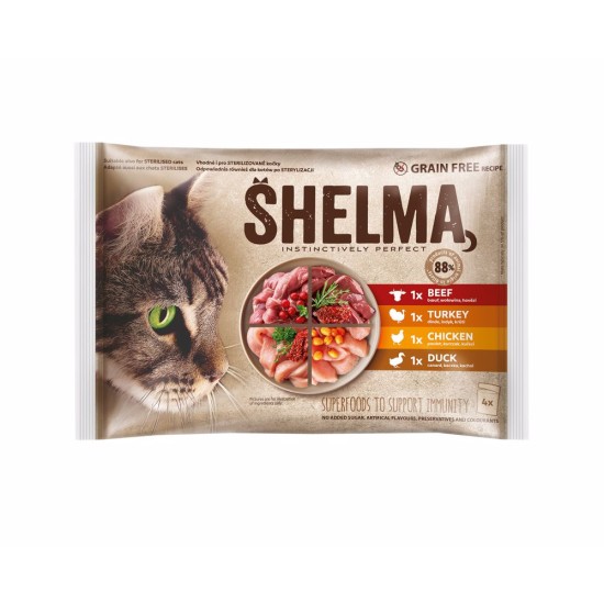SHELMA cat vištiena su jautiena antis ir su kalakutiena maišelyje 85 g (4 pak.) SHELMA cat vištiena su jautiena antis ir su kalakutiena maišelyje 85 g (4 pak.)