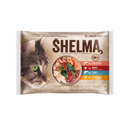 SHELMA cat vištiena su jautiena lašiša ir menkė maišelyje 85 g (4 pak.) SHELMA cat vištiena su jautiena lašiša ir menkė maišelyje 85 g (4 pak.)