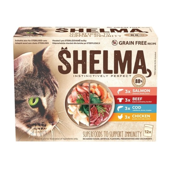 SHELMA cat vištiena su jautiena lašiša ir menkė maišelyje 85 g (12 pak.) SHELMA cat vištiena su jautiena lašiša ir menkė maišelyje 85 g (12 pak.)