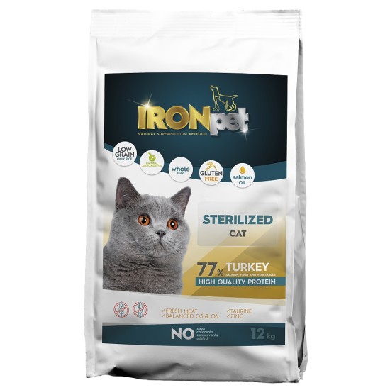 Sausas kačių maistas IRONpet Cat Sterilized Turkey su kalakutiena, 12 kg