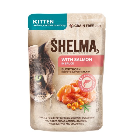 SHELMA cat jauniems kačiukams lašiša ir šaltalankiai padaže maišelyje 85 g SHELMA cat jauniems kačiukams lašiša ir šaltalankiai padaže maišelyje 85 g