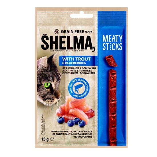 Skanėstas katėms Shelma Sticks with trout and blueberries GF pagaliukai su upėtakiu ir mėlynėmis, 15 g