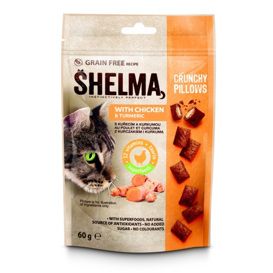 Skanėstas katėms SHELMA pillows with chicken and turmeric GF su vištiena ir ciberžole, 60 g Skanėstas katėms SHELMA pillows with chicken and turmeric GF su vištiena ir ciberžole, 60 g