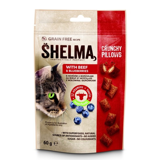 Skanėstas katėms SHELMA pillows with beef and blueberries GF pagalvėlės su jautiena ir mėlynėmis, 60 g Skanėstas katėms SHELMA pillows with beef and blueberries GF pagalvėlės su jautiena ir mėlynėmis, 60 g