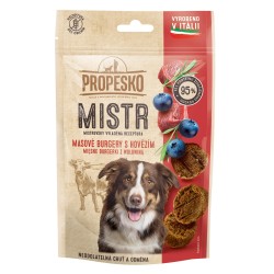 Skanėstas šunims Propesko Dog Master beef burger, blueberry and rosemary jautienos burgeris su mėlynėmi ir rozmarinais, 60 g Skanėstas šunims Propesko Dog Master beef burger, blueberry and rosemary jautienos burgeris su mėlynėmi ir rozmarinais, 60 g
