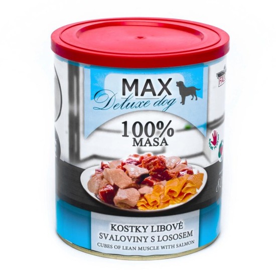 MAX Deluxe Dog kubeliai liesi raumenys su lašiša skardine 800 g MAX Deluxe Dog kubeliai liesi raumenys su lašiša skardine 800 g