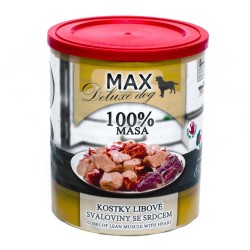 MAX Deluxe Dog kubeliai liesi raumenys su širdele skardine 800 g MAX Deluxe Dog kubeliai liesi raumenys su širdele skardine 800 g