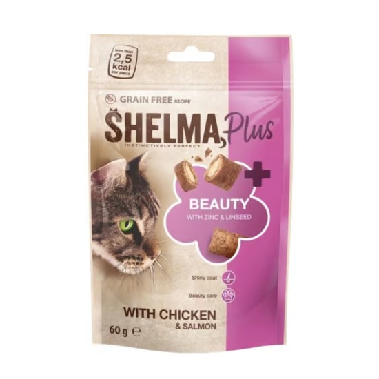 Skanėstas katėms Shelma Cat Snack Beauty GF su vištiena ir lašiša, 60 g Skanėstas katėms Shelma Cat Snack Beauty GF su vištiena ir lašiša, 60 g