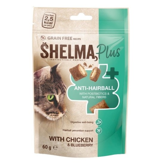 Skanėstai katėms Shelma Cat Snack Anti-hairball GF su vištiena ir mėlynėmis, 60 g Skanėstai katėms Shelma Cat Snack Anti-hairball GF su vištiena ir mėlynėmis, 60 g