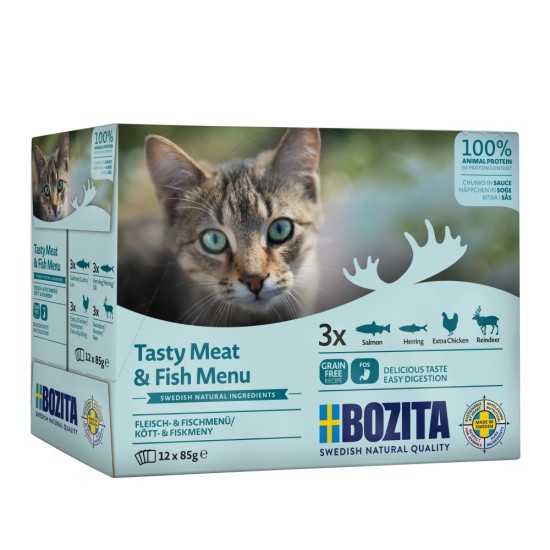 Bozita cat mėsos ir žuvies gabalėliai padaže 85 g (12 pak.) Bozita cat mėsos ir žuvies gabalėliai padaže 85 g (12 pak.)