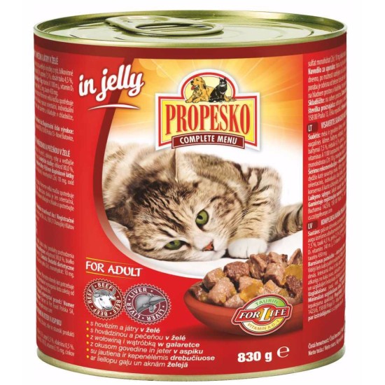 PROPESKO katės su jautiena ir kepenys želė gabalėliai 830 g