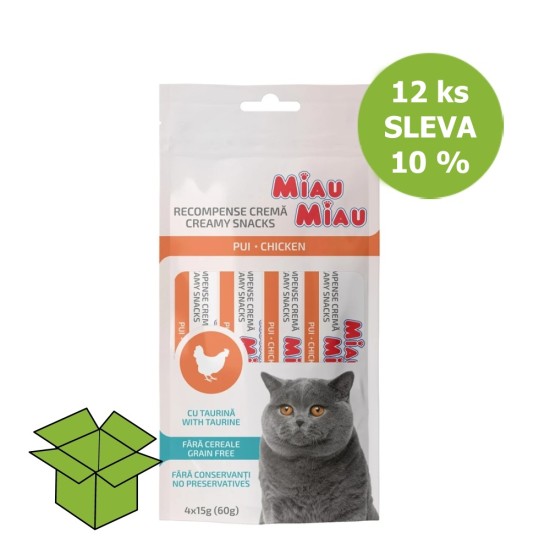 Miau Miau kreminiai užkandžiai katė vištiena 4 pakuotė (12 ks) nuolaida 10 % Miau Miau kreminiai užkandžiai katė vištiena 4 pakuotė (12 ks) nuolaida 10 %