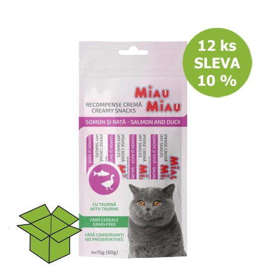 Miau Miau kreminiai užkandžiai katė lašiša a antis 15 g 4 pakuotė (12 vnt) nuolaida 10 % Miau Miau kreminiai užkandžiai katė lašiša a antis 15 g 4 pakuotė (12 vnt) nuolaida 10 %