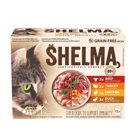 SHELMA Cat kuřecí, hovězí, kachní a krůtí, kapsa 85 g (12 pack)