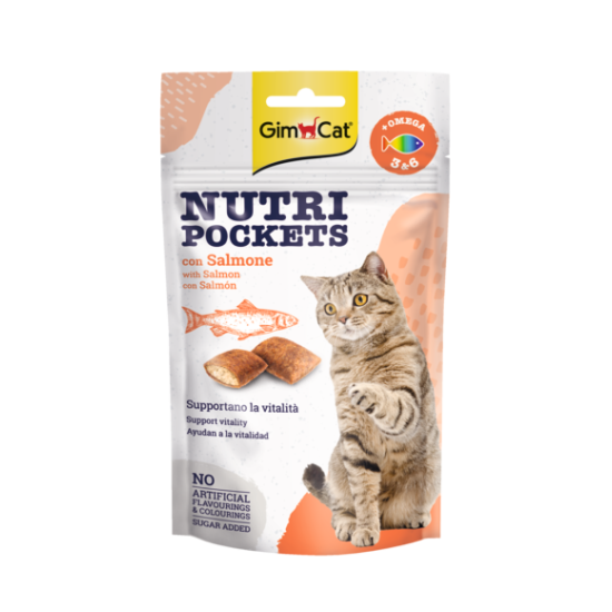 GimCat Nutri Pockets with Salmon &amp; Omega 3&amp;6 skanėstai katėms su Lašiša, Omega 3 ir 6 riebalų rūgštimis 60g