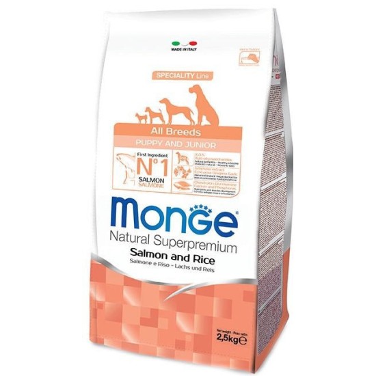 Monge Dry Dog Spec. Line visų veislių šuniukams su lašiša ir ryžiais 0,8kg