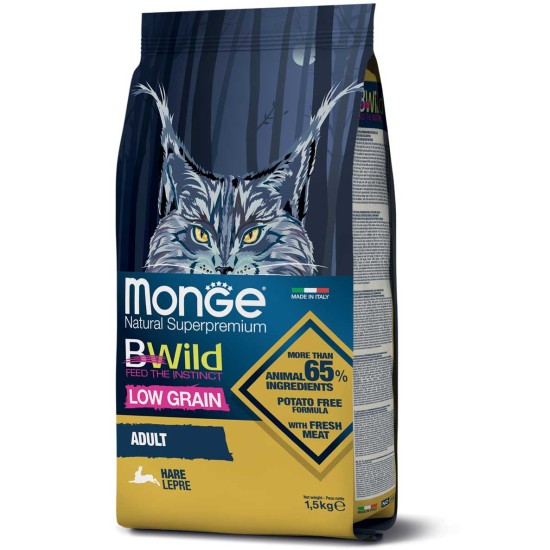 Monge BWild Cat Adult Hare sausas  pašaras katėms 