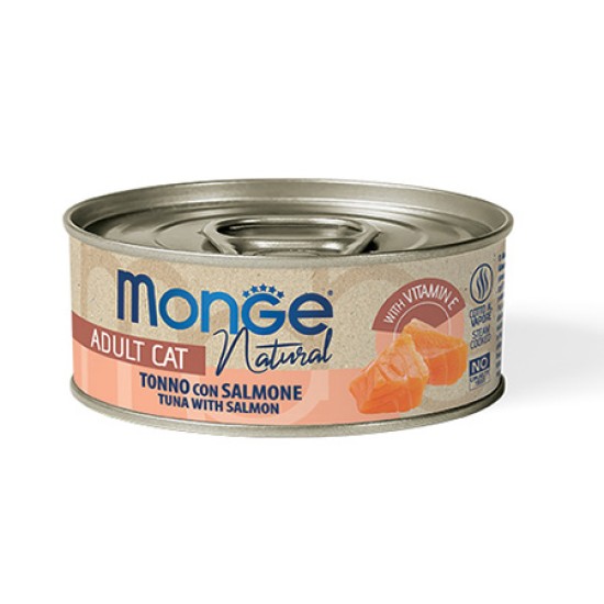 Monge kons. pašaras katėms su tuno gabalėliais, vištiena ir lašiša savo sultyse 80g