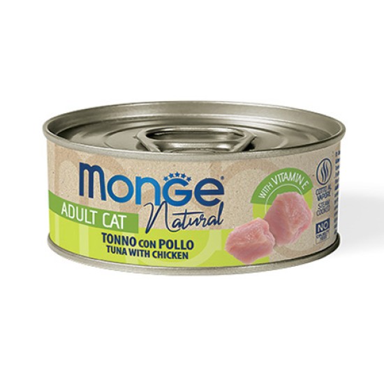 Monge kons. pašaras katėms su tuno ir vištienos gabalėliais savo sultyse 80g