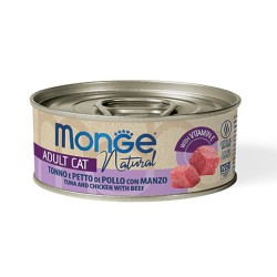 Monge kons.pašaras katėms su tuno, vištienos ir jautienos gabalėliais savo sultyse 80g