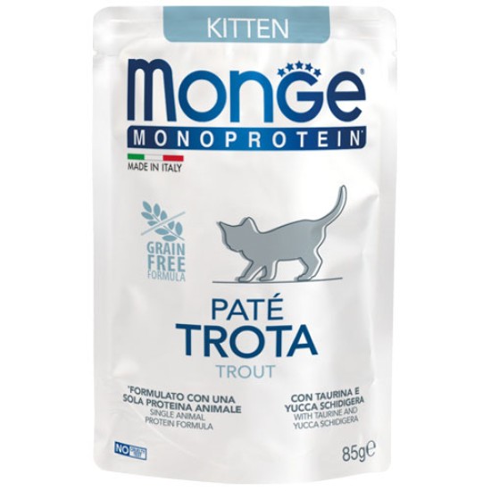 Monge Monoprotein Kitten begrūdis konservuotas pašaras jaunoms katėms su upėtakiu 85g