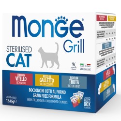 Monge Grill konservuotas pašaras sterilizuotoms katėms mix su vištiena/veršiena/upėtakiu 85g x12
